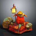 Orange Animated Game Character Holding Lantern With Polygonal Rocks On Colorful Base