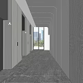 Modern Elevator Lobby Interior With Metallic Elevators And City View 3d model