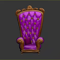Elegant Ornate Purple Chair With Intricate Wooden Carved Armrests And Gold Buttons