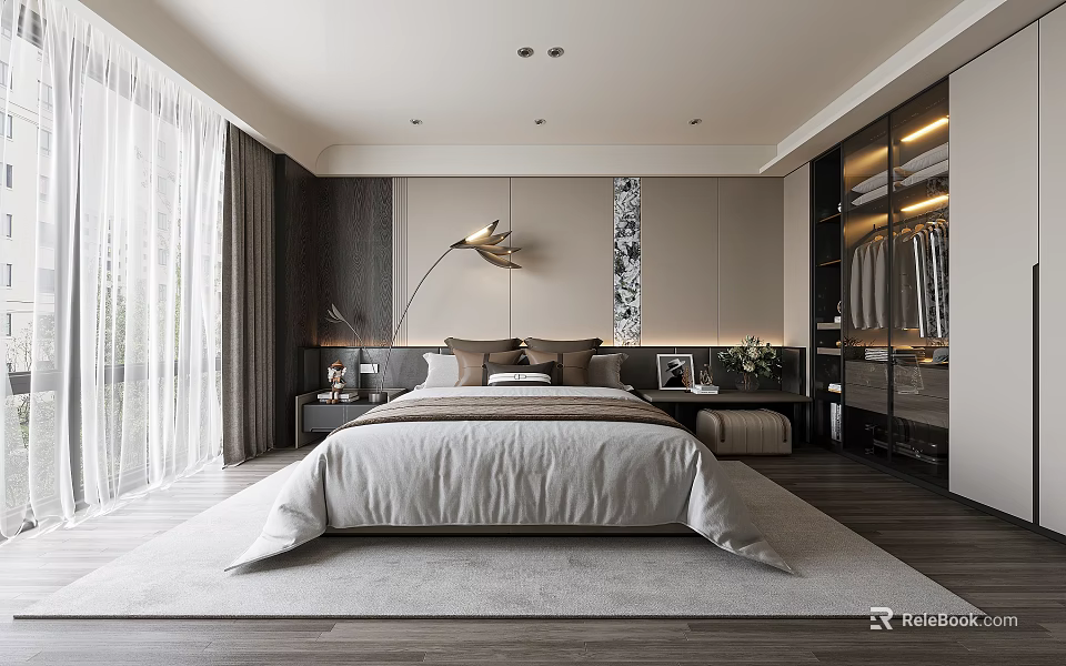 Minimalist Modern Bedroom Interior Design With Cozy Bed Wooden Nightstand And Floor Lamp 3d model 