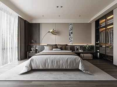 Minimalist Modern Bedroom Interior Design With Cozy Bed Wooden Nightstand And Floor Lamp 3d model