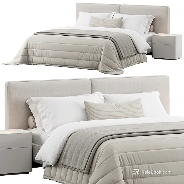 Modern Upholstered Double Bed With Beige Gray Comforter Pillows And Nightstand 3d model 