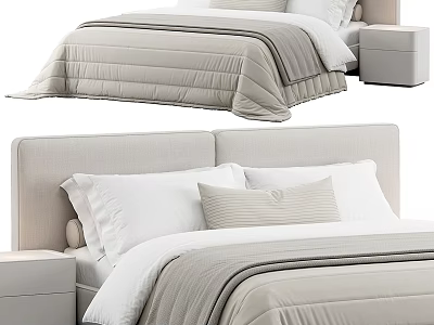 Modern Upholstered Double Bed With Beige Gray Comforter Pillows And Nightstand 3d model