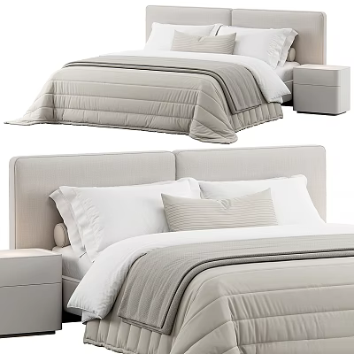 Modern Upholstered Double Bed With Beige Gray Comforter Pillows And Nightstand 3d model