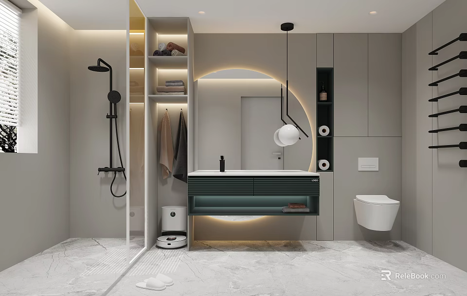 Modern Bathroom Interior With Shower Vanity Round Mirror And Toilet 3d model 