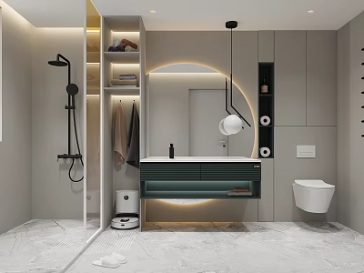 Modern Bathroom Interior With Shower Vanity Round Mirror And Toilet 3d model