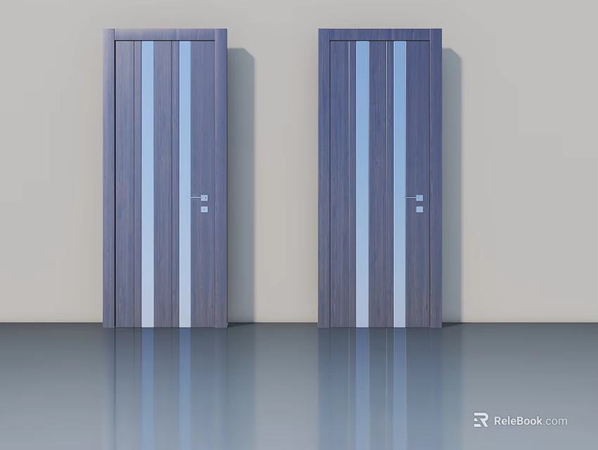 Dark Wooden Hinged Doors With Vertical Light Stripes And Silver Handles On Light Wall 3d model 