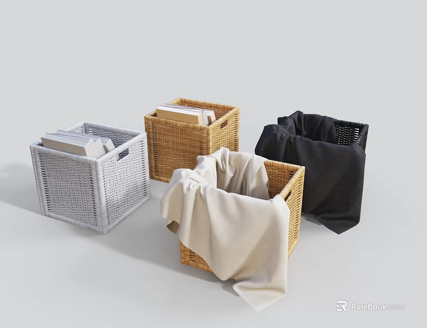 Woven Storage Baskets in White Brown Black with Towels and Books for Organizing 3d model 