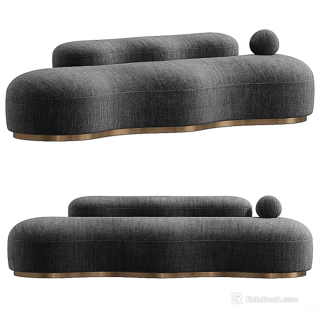 Modern Double Sofa With Gray Fabric Curved Design And Gold Metal Base Accent Pillow 3d model 