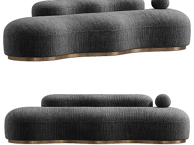 Modern Double Sofa With Gray Fabric Curved Design And Gold Metal Base Accent Pillow 3d model