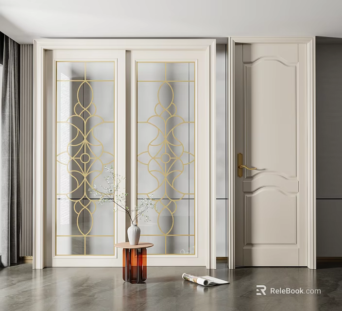 Elegant White Sliding Doors With Gold Patterned Glass In Home Interior Design 3d model 