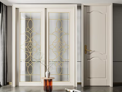 Elegant White Sliding Doors With Gold Patterned Glass In Home Interior Design 3d model