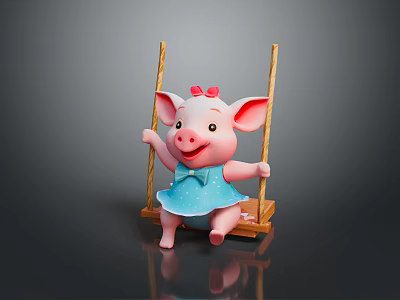 Cute Pig Doll on Wooden Swing with Blue Dress and Red Bow Smiling 3d model