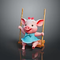 Cute Pig Doll on Wooden Swing with Blue Dress and Red Bow Smiling