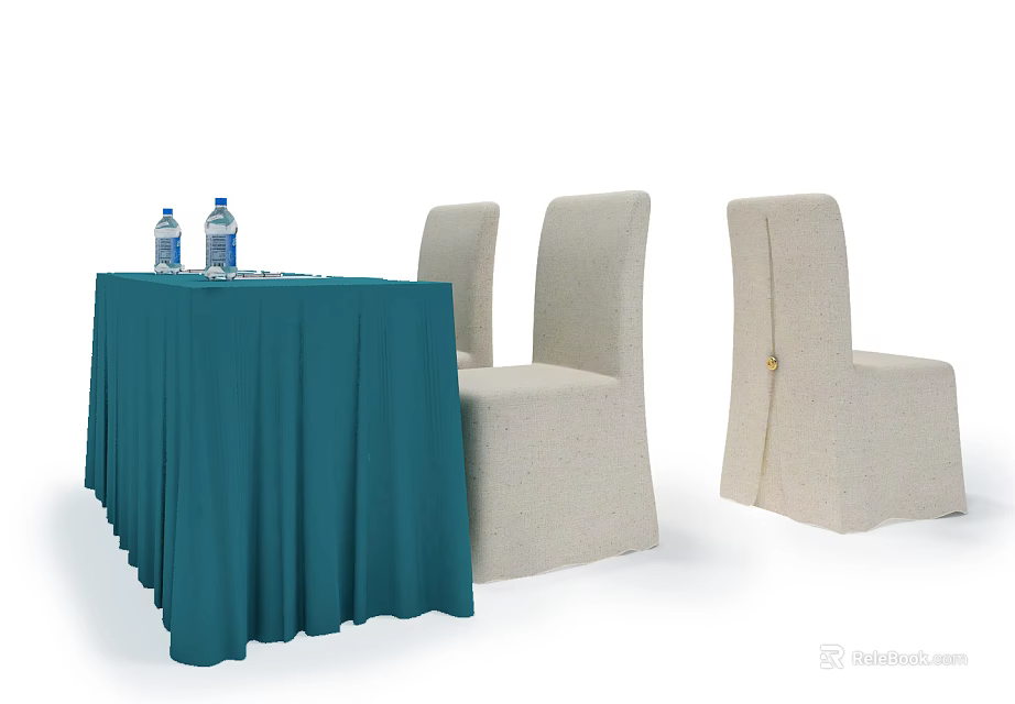 Conference Table with Teal Tablecloth and Beige Chairs Featuring Water Bottles and Glass on Top 3d model 