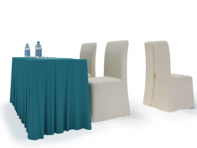 Conference Table with Teal Tablecloth and Beige Chairs Featuring Water Bottles and Glass on Top 3d model