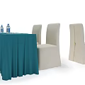 Conference Table with Teal Tablecloth and Beige Chairs Featuring Water Bottles and Glass on Top