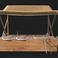 Traditional Wooden Tool Stand With Woven Top Wooden Box Metal Plates Tools And Mesh