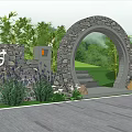 Building Exterior Wall with Circular Stone Archway Night Lighting Steps and Green Plants