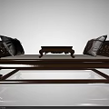 Traditional Wooden Sofa Bench With Intricate Carved Armrests And Patterned Cushions Plus Small Table