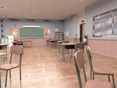 Spacious Classroom With Green Blackboard Wooden Floor Desks And Chairs 3d model