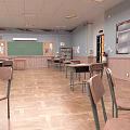 Spacious Classroom With Green Blackboard Wooden Floor Desks And Chairs
