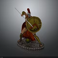 Roman Warrior Statue With Cross Shield Spear Red Cloak And Green Sphere Base 3d model