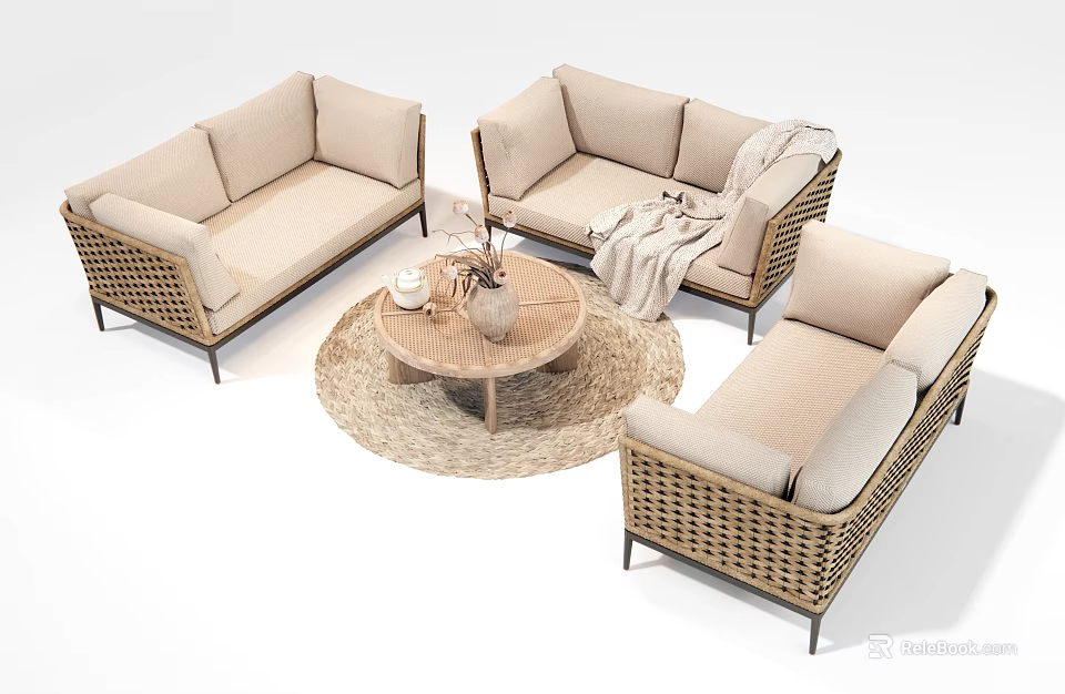 Beige Wicker Outdoor Sofa Set With Round Coffee Table Throw Blanket And Woven Rug 3d model 
