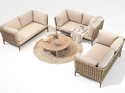 Beige Wicker Outdoor Sofa Set With Round Coffee Table Throw Blanket And Woven Rug 3d model