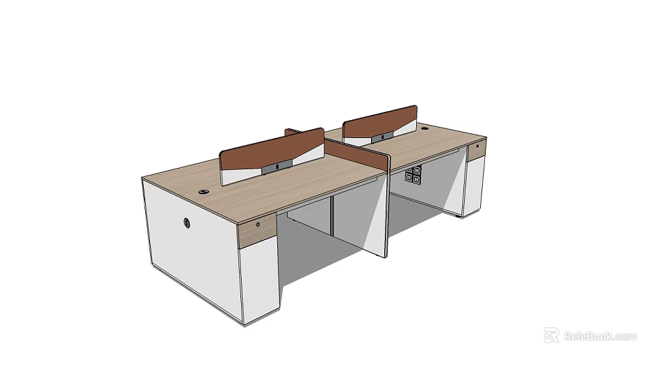 Modern Office Desk With L Shaped Design Brown Dividers Wooden Top And White Cabinets 3d model 