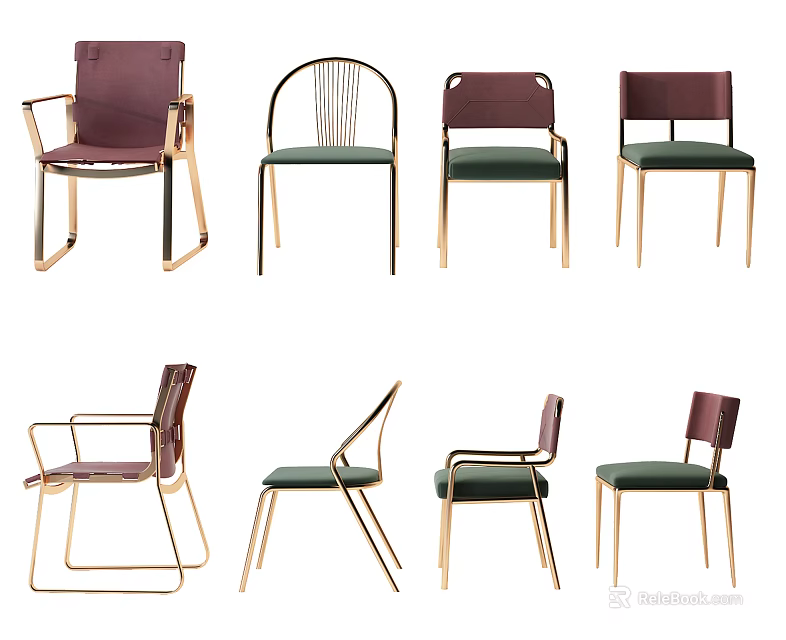 Modern Dining Chairs With Gold Metal Frames Green Purple Upholstered Seats And Various Designs 3d model 