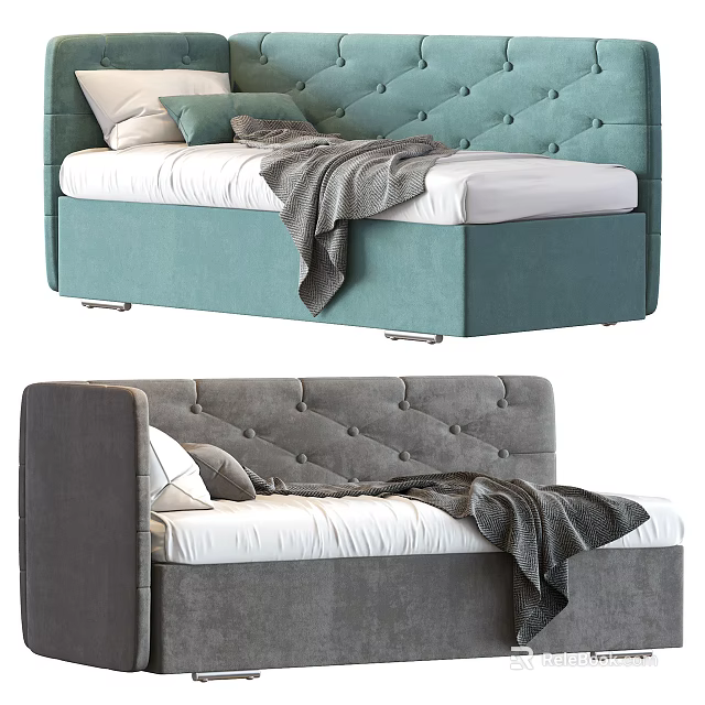 Tufted Backrest Sofa Bed In Teal And Gray With Mattress Blanket And Pillows 3d model 