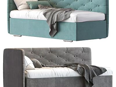 Tufted Backrest Sofa Bed In Teal And Gray With Mattress Blanket And Pillows 3d model