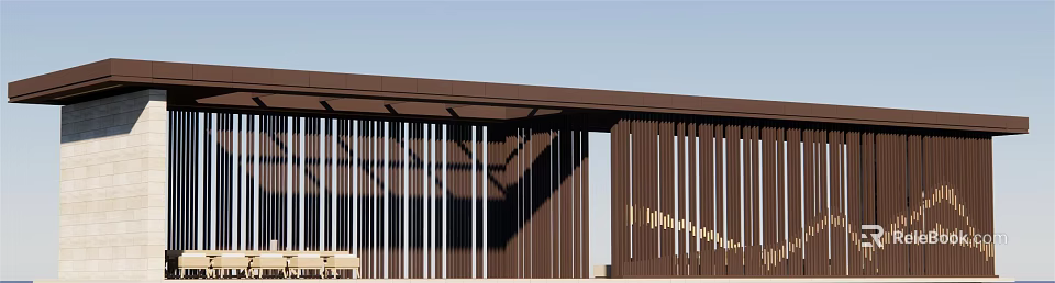 Garden Landscape Design With Wooden Slat Structure Shadow Patterns And Seating Area 3d model 