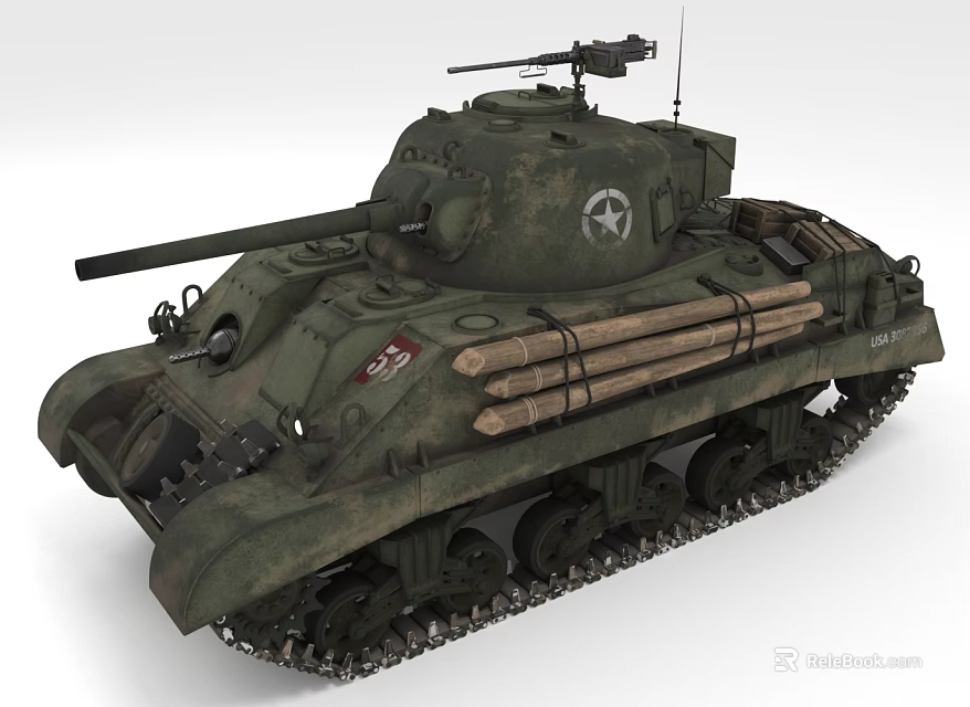 Military Tank With Green Camouflage Paint Cannon Barrel Tracks And Star Insignia 3d model 