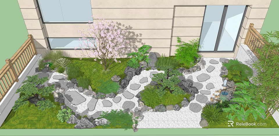 Rooftop Garden Design With Pink Flowering Tree Stone Path Green Plants Rocks And Pebbles 3d model 