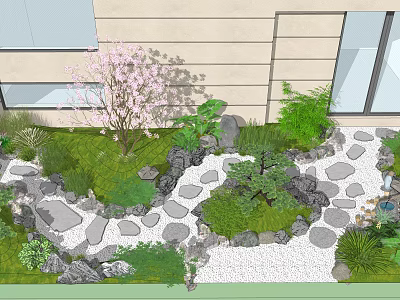 Rooftop Garden Design With Pink Flowering Tree Stone Path Green Plants Rocks And Pebbles 3d model