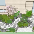 Rooftop Garden Design With Pink Flowering Tree Stone Path Green Plants Rocks And Pebbles