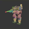 Futuristic Orange Armored Mech Robot Holding Rifle Weapon In Hand