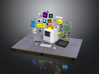 Electronic Devices Display Featuring Computer Tower Laptop Keyboard Tablet And Colorful App Icons 3d model
