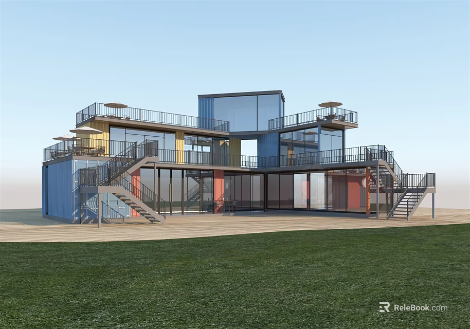 Colorful Multi Level Container Building Featuring Glass Elements Balconies And Modern Design 3d model