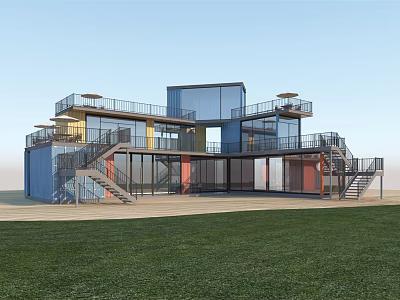 Colorful Multi Level Container Building Featuring Glass Elements Balconies And Modern Design 3d model