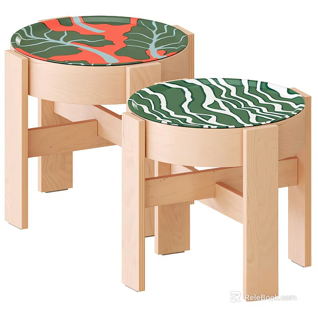 Two Light Wooden Stools With Colorful Patterned Seats And Sturdy Structure 3d model 