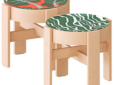 Two Light Wooden Stools With Colorful Patterned Seats And Sturdy Structure 3d model