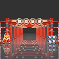 Traditional Chinese Red Event Gateway With Auspicious Dragon Elements Hanging Lanterns And Coin Patterns 3d model