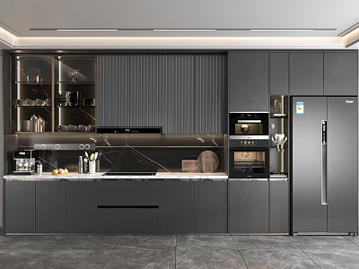 Modern Kitchen Interior Design With Dark Cabinets Countertop And Stainless Steel Appliances 3d model
