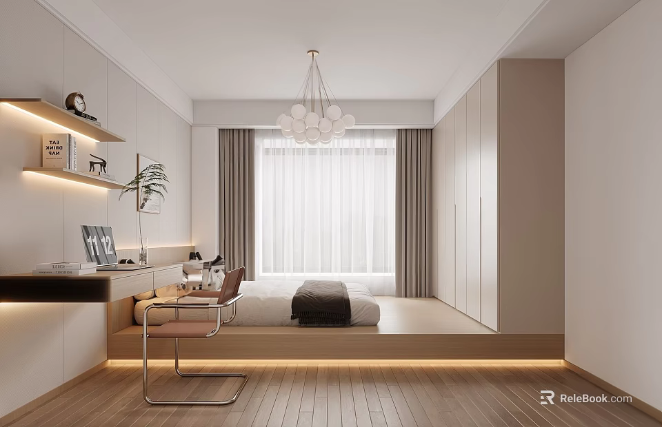 Minimalist Tatami Bedroom Interior Design with Platform Bed Storage Desk and Natural Light 3d model 