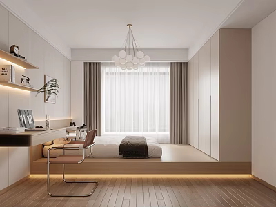 Minimalist Tatami Bedroom Interior Design with Platform Bed Storage Desk and Natural Light 3d model