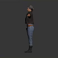 Woman In Black Jacket Blue Jeans With Brown Belt Tool Bag Arms Outstretched On Gray Background