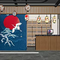 Japanese Restaurant Interior Design With Crane Mural Red Sun Lanterns And Wine Shelves